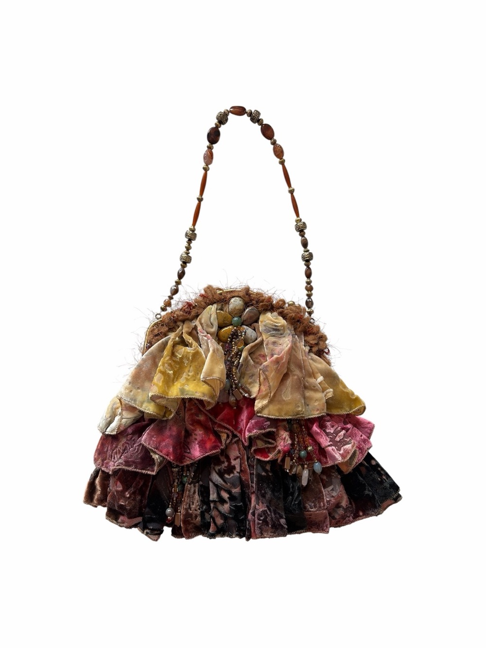 VTG Mary Frances Rock & Soul Velvet Silk Ruffle Boho Handbag Whimsical